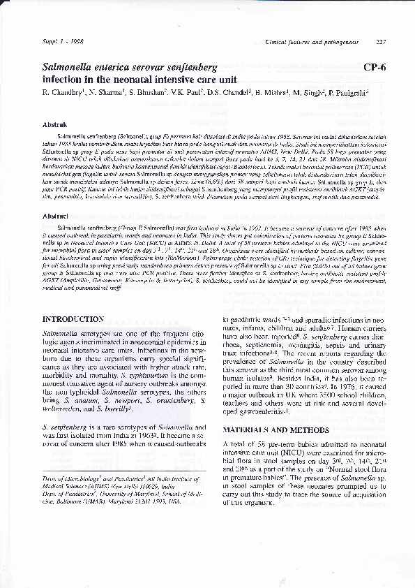 (PDF) Salmonella enterica serovar senftenberg infection in the neonatal ...
