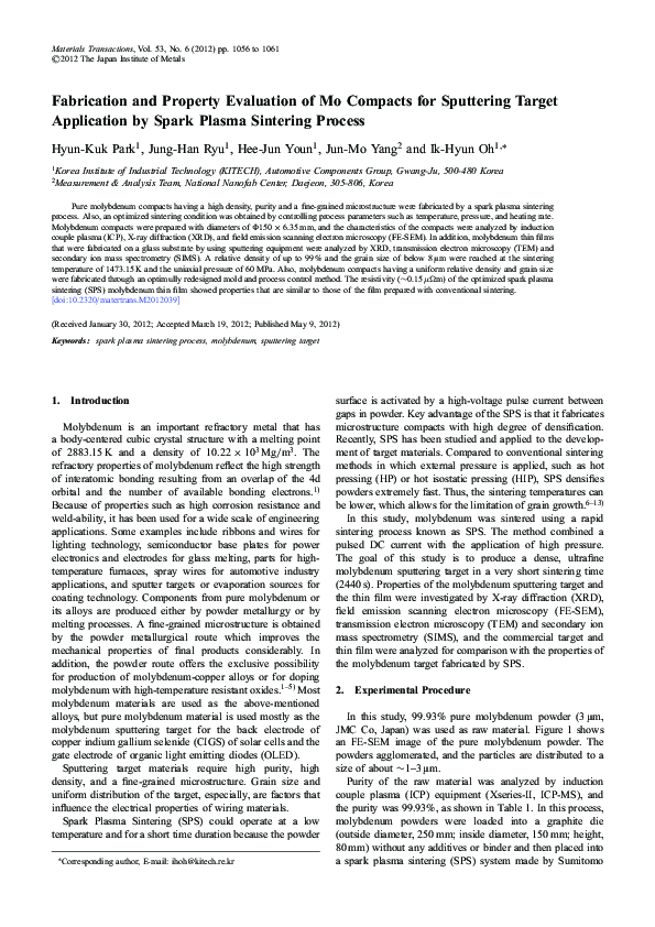 (PDF) Fabrication and Property Evaluation of Mo Compacts for Sputtering ...