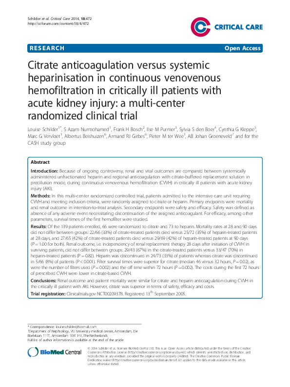 (PDF) Citrate anticoagulation versus systemic heparinisation in ...