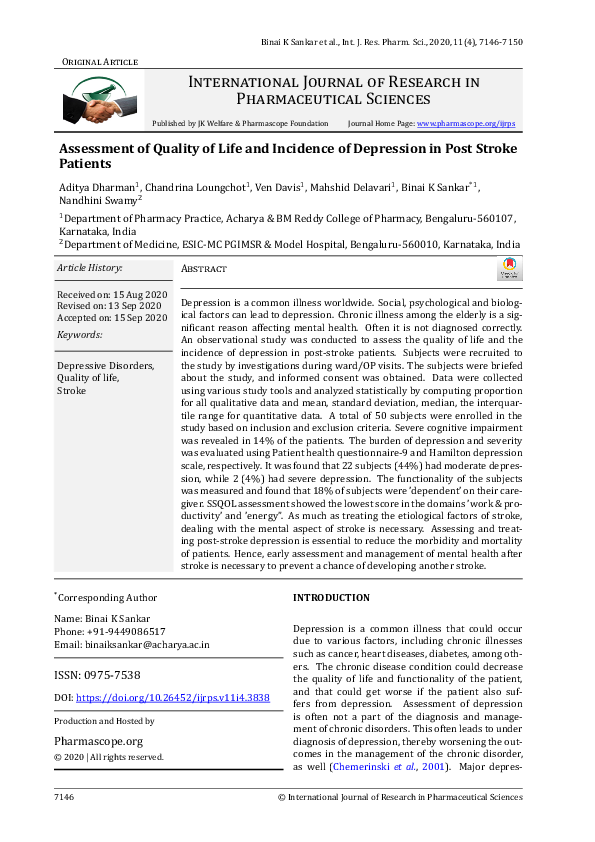 (PDF) Assessment of Quality of Life and Incidence of Depression in Post ...