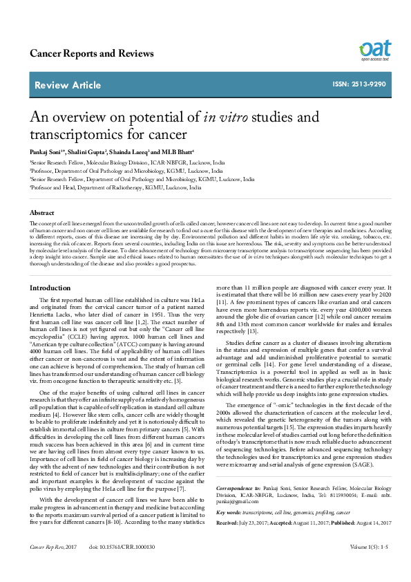 PDF An Overview On Potential Of In Vitro Studies And Transcriptomics 