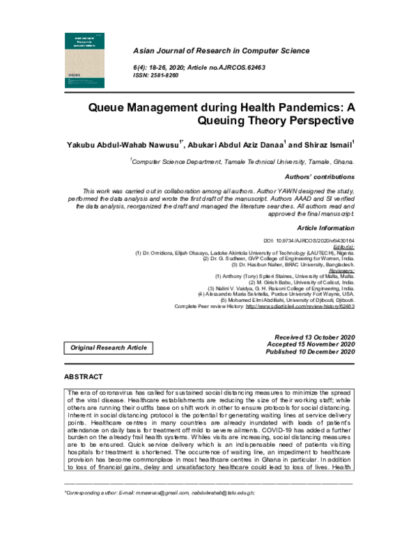 (PDF) Queue Management during Health Pandemics: A Queuing Theory ...