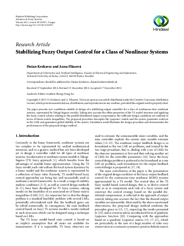 (PDF) Stabilizing Fuzzy Output Control for a Class of Nonlinear Systems