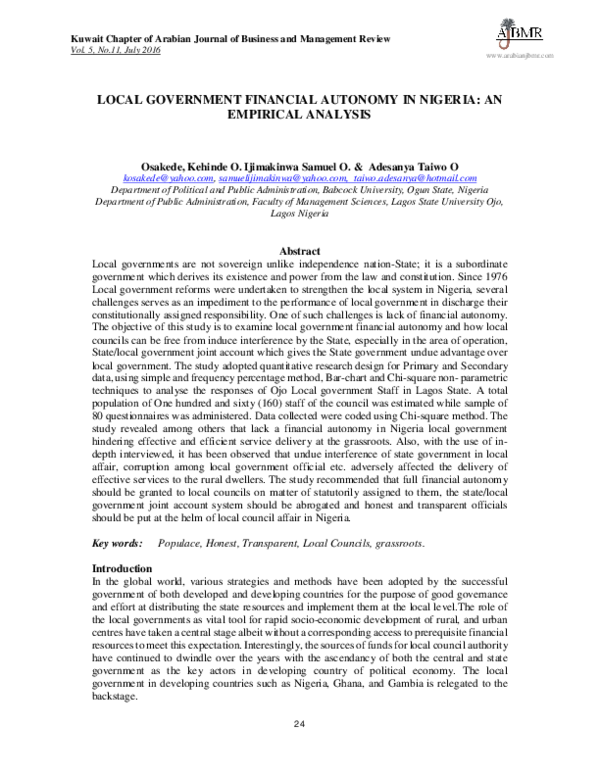 (PDF) Local Government Financial Autonomy in Nigeria : An Empirical ...