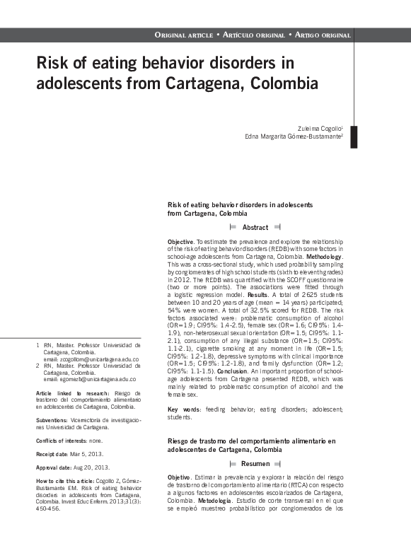 (PDF) Risk of eating behavior disorders in adolescents from Cartagena ...