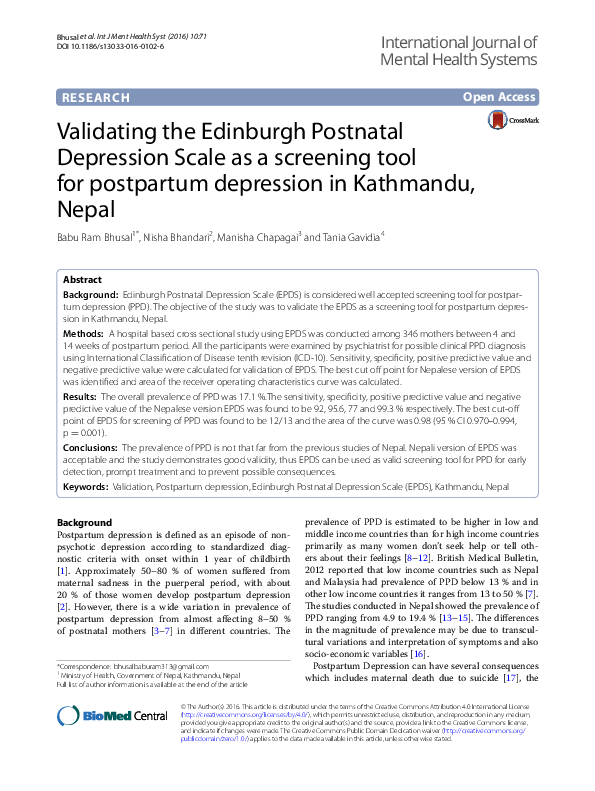 (PDF) Validating the Edinburgh Postnatal Depression Scale as a ...