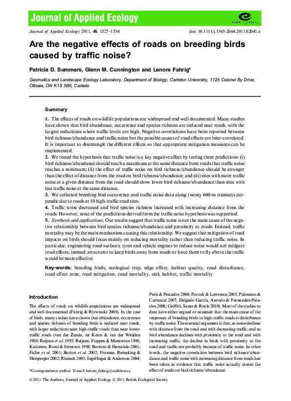 (PDF) Are the negative effects of roads on breeding birds caused by ...