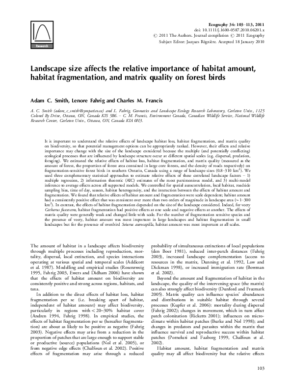(PDF) Landscape size affects the relative importance of habitat amount ...