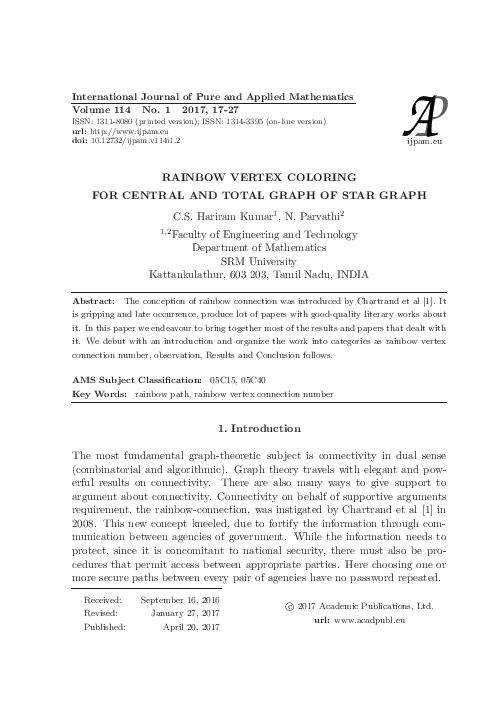 (PDF) Rainbow Vertex Coloring for Central and Total Graph of Star Graph