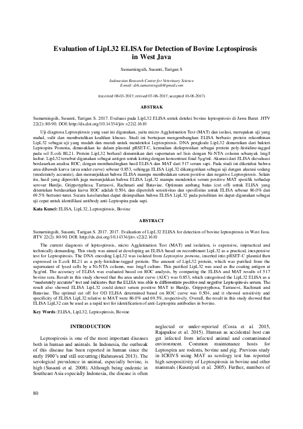 (PDF) Evaluation of LipL32 ELISA for detection of bovine leptospirosis ...