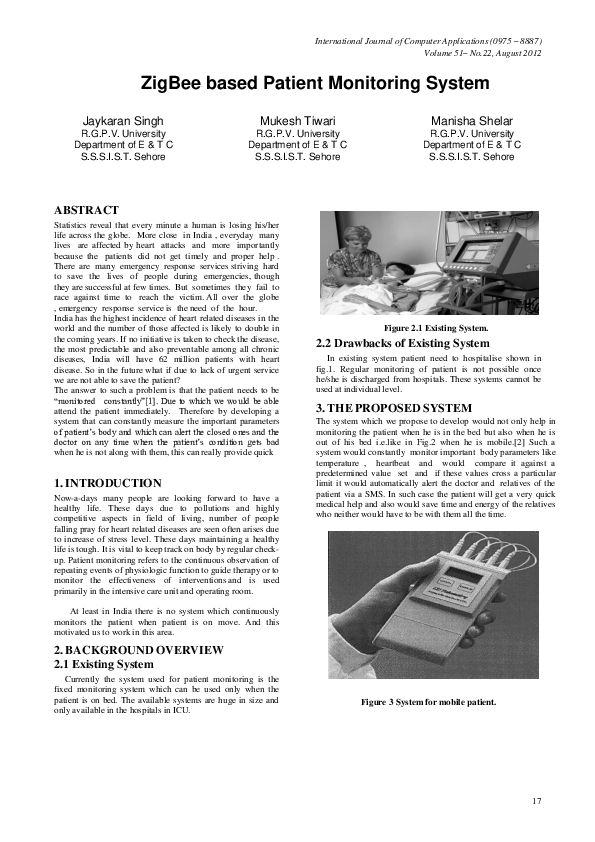 (PDF) ZigBee based Patient Monitoring System Manisha Shelar