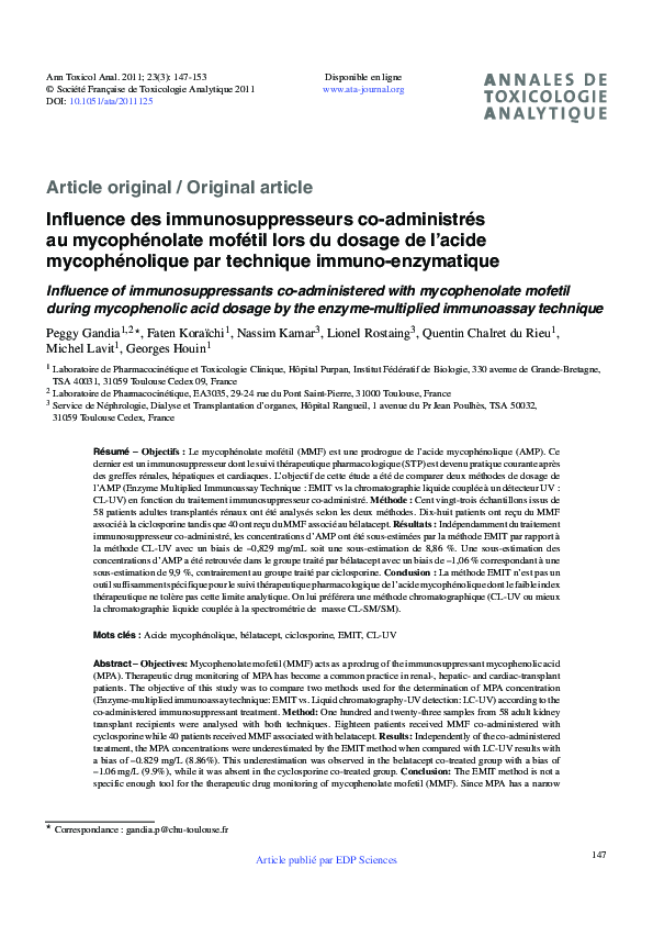 (PDF) Influence des immunosuppresseurs co-administrés au mycophénolate ...