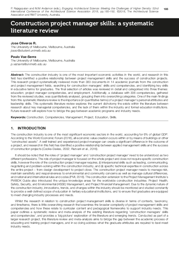 (PDF) Construction Project Manager Skills A Systematic Literature Review