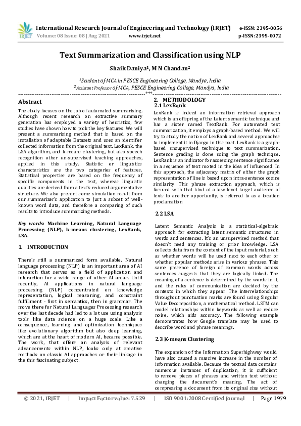 (PDF) IRJET- Text Summarization and Classification using NLP