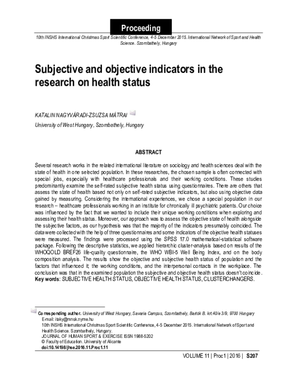(PDF) Subjective and objective indicators in the research on health status