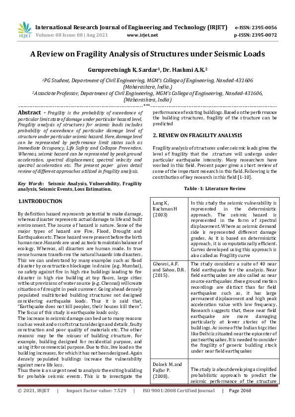 (PDF) IRJET- A Review on Fragility Analysis of Structures under Seismic ...