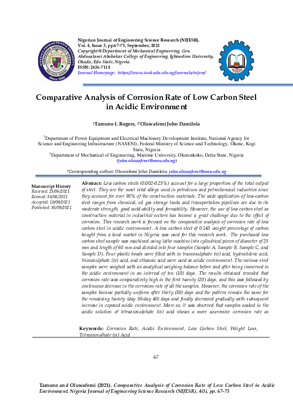 (PDF) Comparative Analysis of Corrosion Rate of Low Carbon Steel in ...