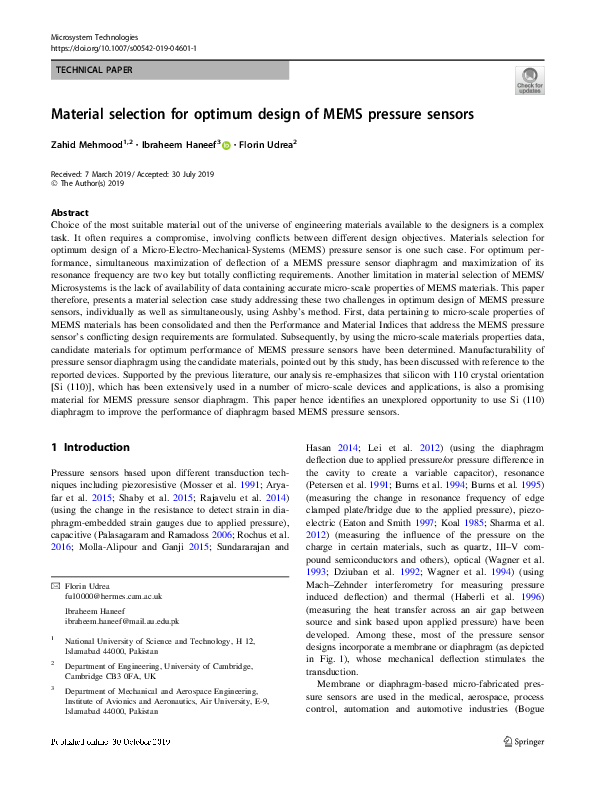 (PDF) Material selection for optimum design of MEMS pressure sensors