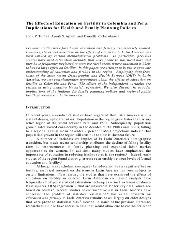 (PDF) The effects of education on fertility in Colombia and Peru ...
