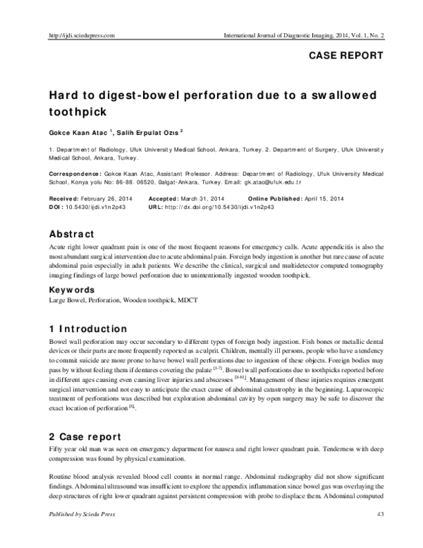 (PDF) Hard to digestbowel perforation due to a swallowed toothpick