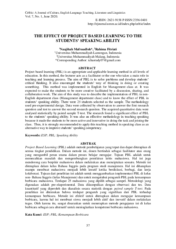 (PDF) The Effect of Project Based Learning to the Students’ Speaking ...