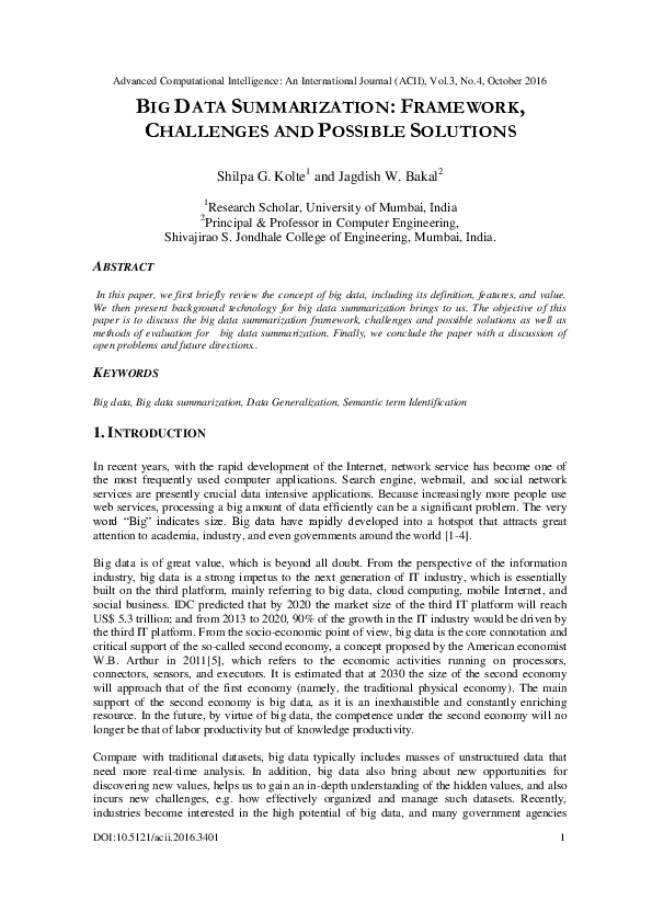 (PDF) Big Data Summarization: Framework, Challenges and Possible Solutions