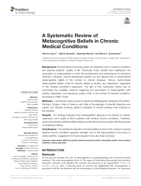 (PDF) A Systematic Review of Metacognitive Beliefs in Chronic Medical ...