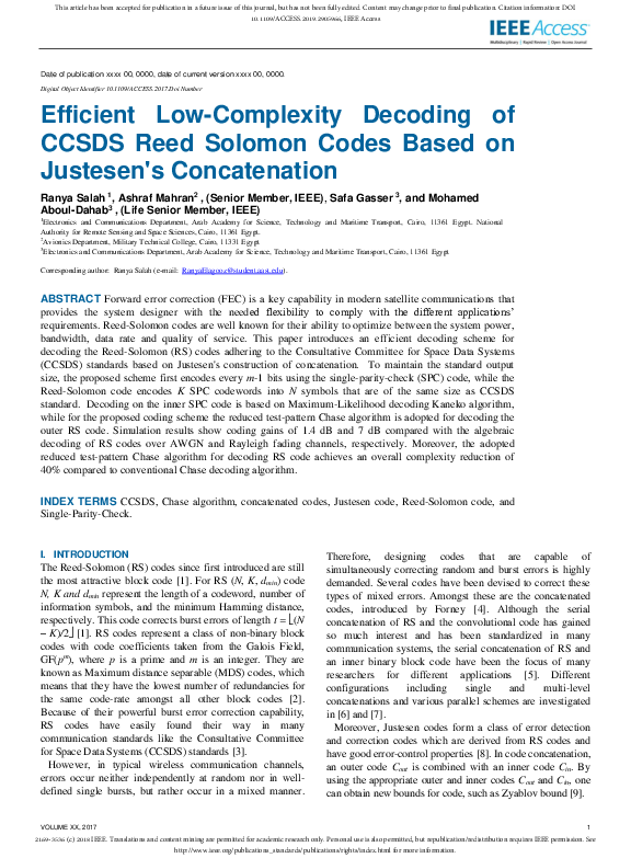 LEE PDF) Efficient Low-Complexity Decoding of CCSDS Reed Solomon