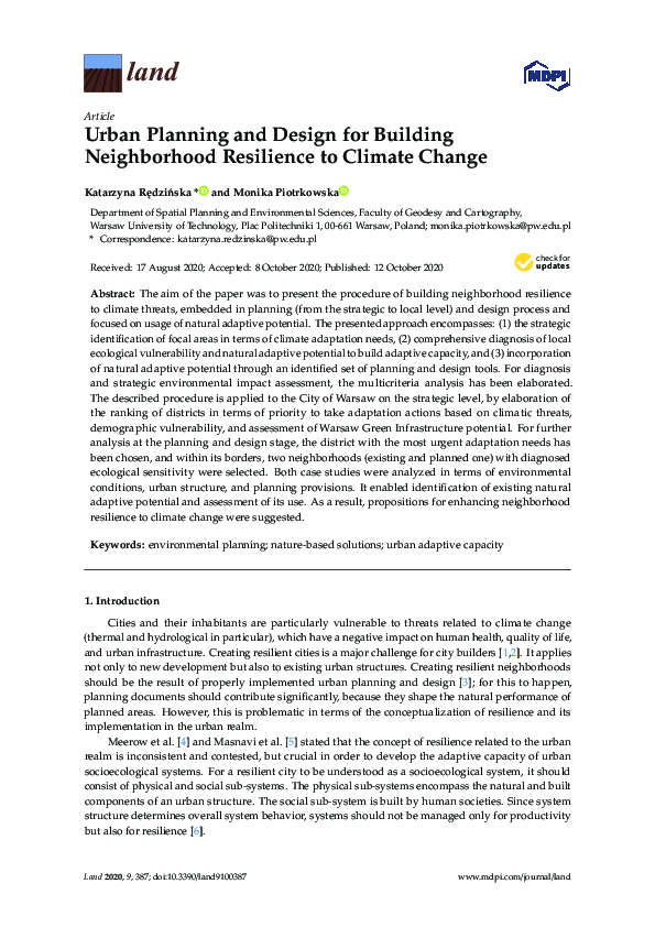 (PDF) Urban Planning and Design for Building Neighborhood Resilience to ...