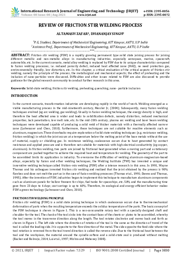 (PDF) IRJET- REVIEW OF FRICTION STIR WELDING PROCESS