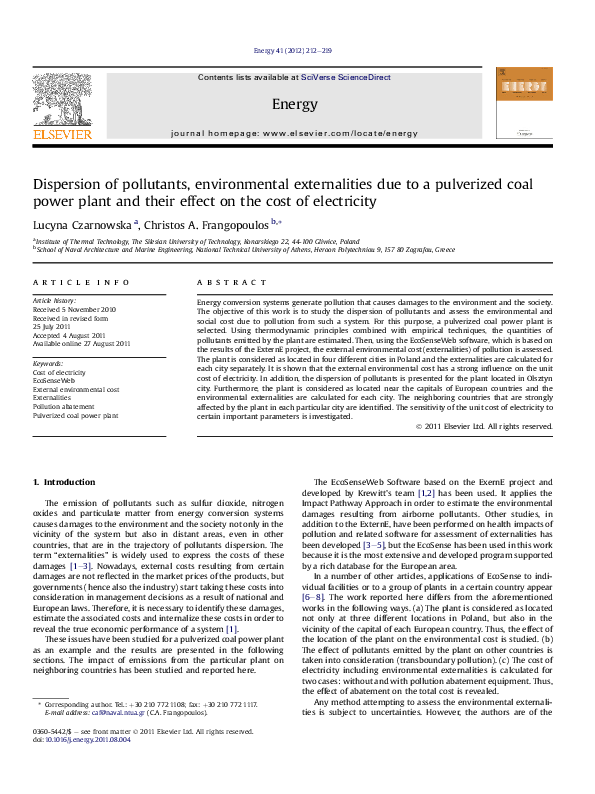 (PDF) Dispersion of pollutants, environmental externalities due to a pulverized coal power plant