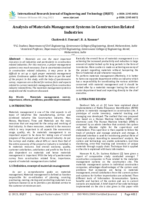(PDF) IRJET- Analysis of Materials Management Systems in Construction ...