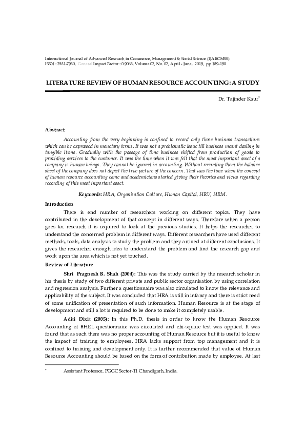 (PDF) LITERATURE REVIEW OF HUMAN RESOURCE ACCOUNTING: A STUDY