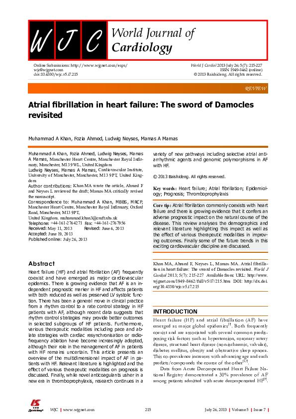 (PDF) Atrial fibrillation in heart failure: The sword of damocles revisited