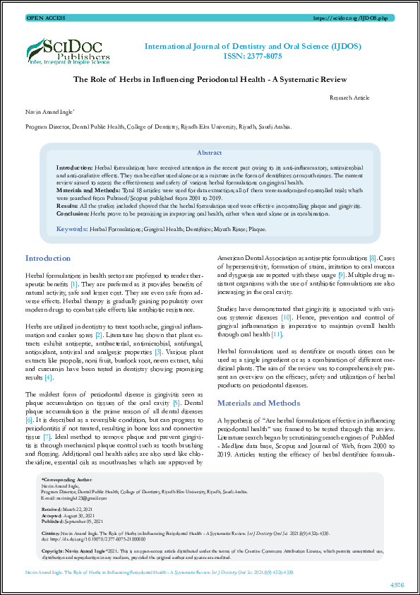 (PDF) The Role of Herbs in Influencing Periodontal Health A Systematic