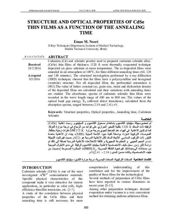 (PDF) STRUCTURE AND OPTICAL PROPERTIES OF CdSe THIN FILMS AS A FUNCTION ...
