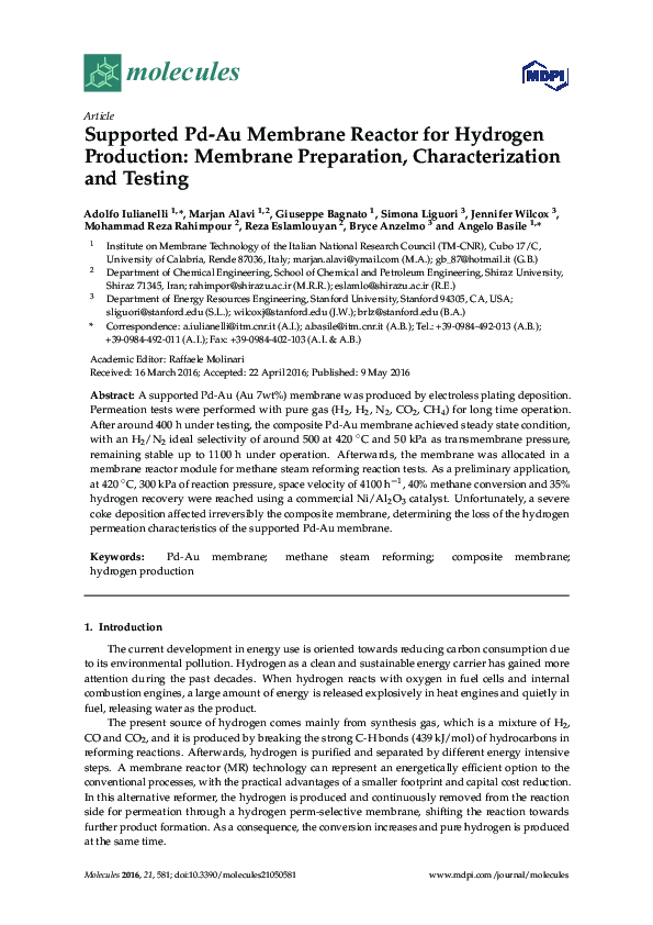 (PDF) Supported Pd-Au Membrane Reactor for Hydrogen Production ...