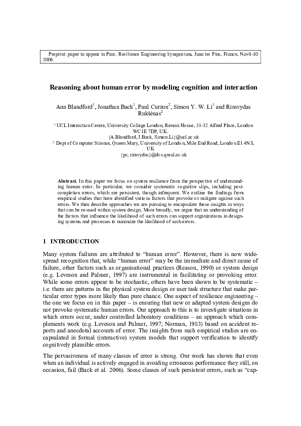 (PDF) Reasoning about human error by modeling cognition and interaction