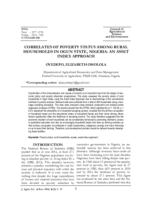 (PDF) Correlates of Poverty Status Among Rural Households in Ogun State ...