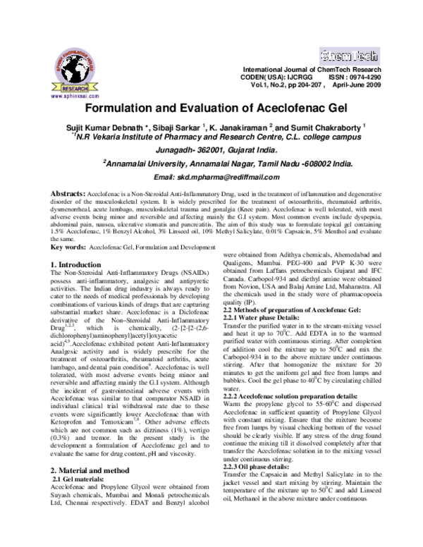 (PDF) Formulation and Evaluation of Aceclofenac Gel