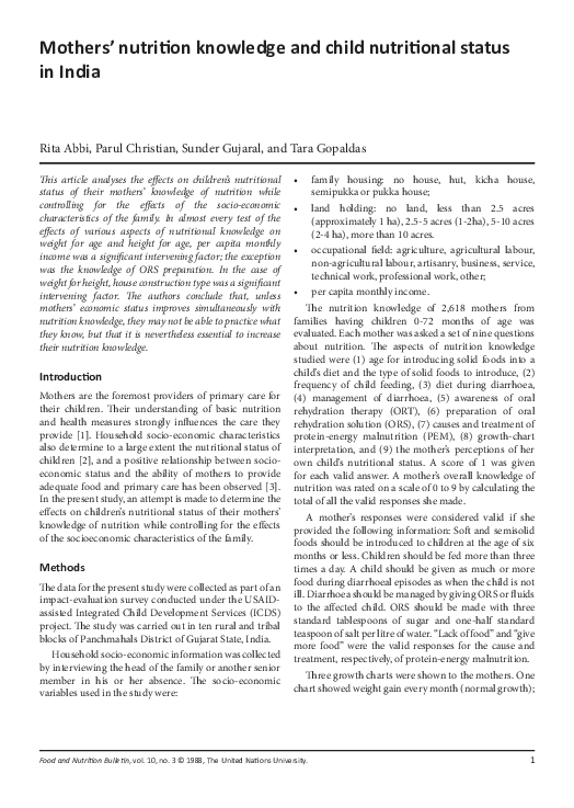 (PDF) Mothers’ Nutrition Knowledge and Child Nutritional Status in India