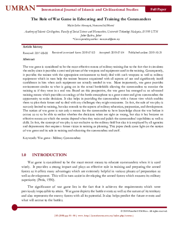 (PDF) The Role of War Game in Educating and Training the Commanders