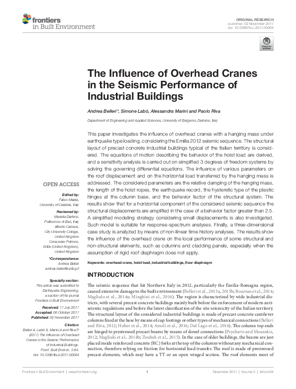 (PDF) The Influence of Overhead Cranes in the Seismic Performance of