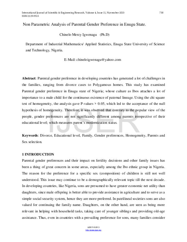 (PDF) Non Parametric Analysis of Parental Gender Preference in Enugu State