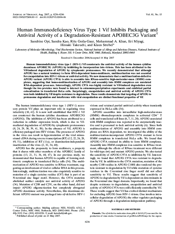 (PDF) Human Immunodeficiency Virus Type 1 Vif Inhibits Packaging and ...
