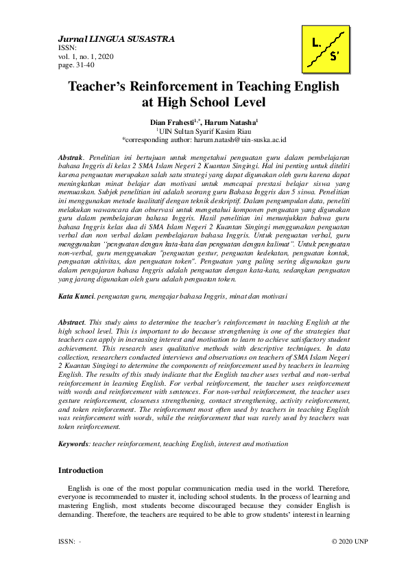 (PDF) Teacher's Reinforcement in Teaching English at High School Level