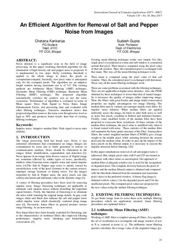 (PDF) An Efficient Algorithm for Removal of Salt and Pepper Noise from ...