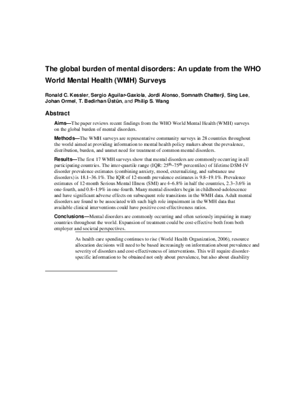 (PDF) The global burden of mental disorders: An update from the WHO ...