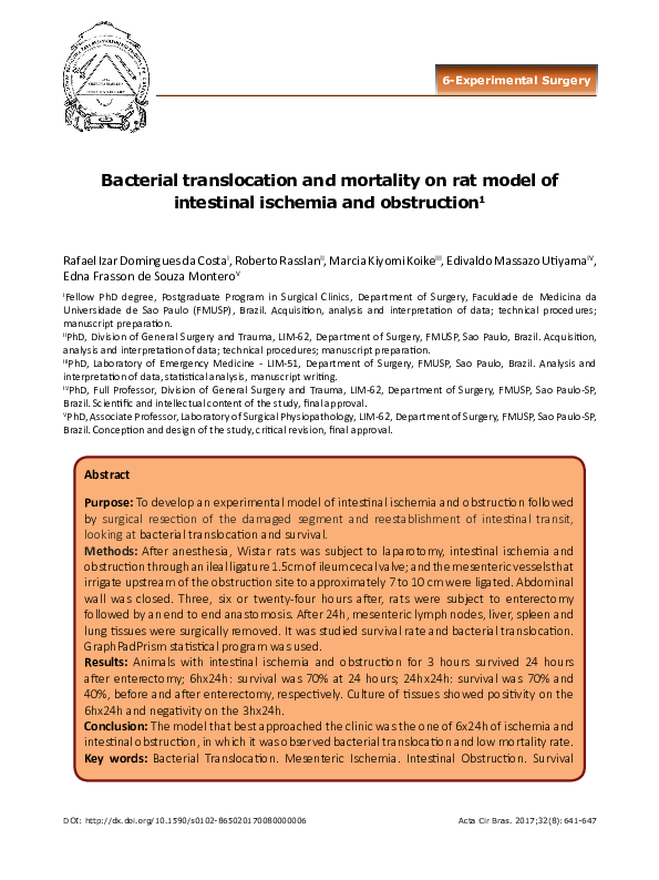 (PDF) Bacterial translocation and mortality on rat model of intestinal ...