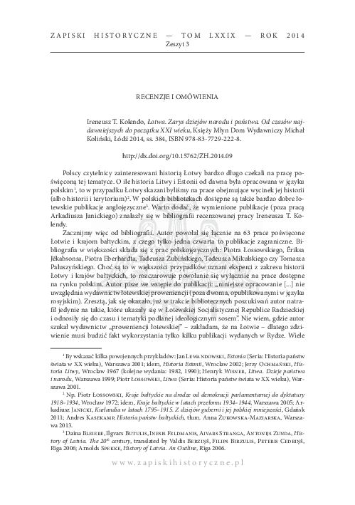 (PDF) Ireneusz T. Kolendo, Łotwa. Zarys dziejów narodu i państwa. Od